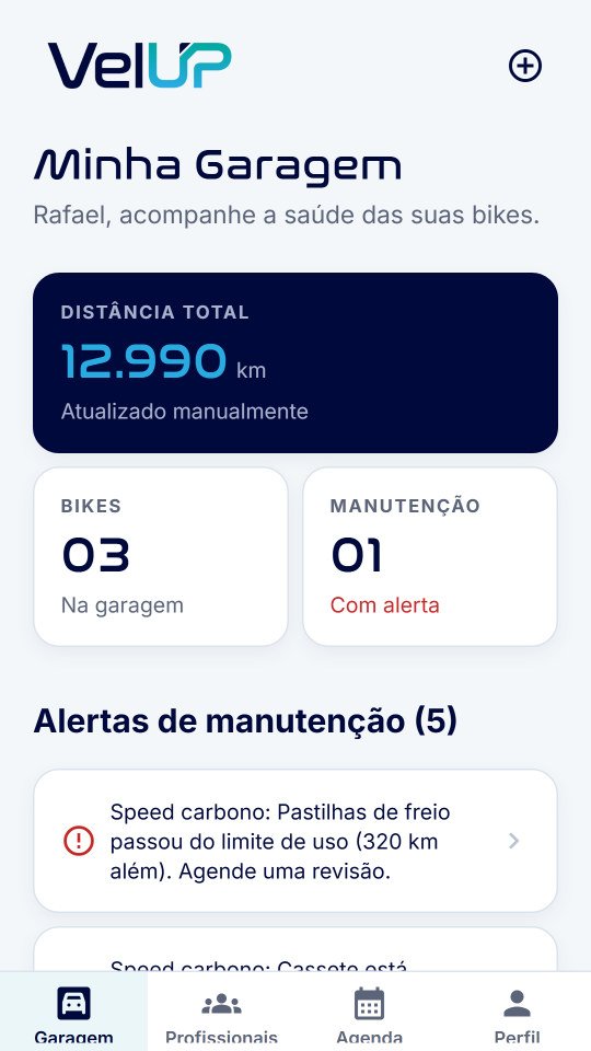 Tela Minha Garagem do VelUP App com a distância total, as bikes e os alertas de manutenção